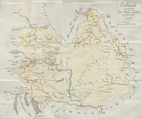 Map of the Austrian Empire showing the territorial losses after the Peace of Schönbrunn within red borders.