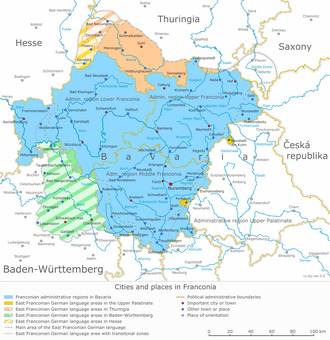 The present-day Upper, Lower and Middle Franconian administrative districts (in blue), with adjacent East Franconian language areas in Thuringia (tan) and in Baden-Württemberg (yellow)