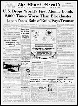 Miami Herald's August 7, 1945 edition covering the atomic bombings of Hiroshima and Nagasaki