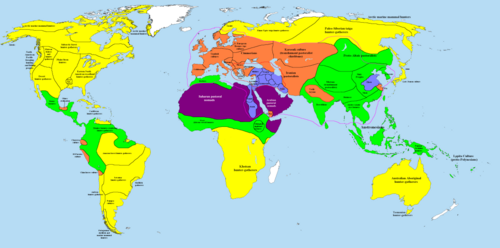 Overview map of the world at the end of the 2nd millennium BC, color-coded by cultural stage: nomadic pastoralists simple farming societies