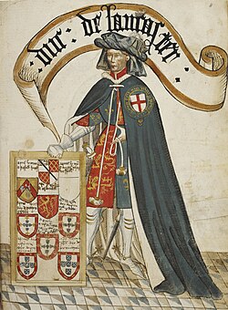 Henry of Grosmont, Earl (later Duke) of Lancaster (d. 1361), the second appointee of the Order, shown wearing a tabard displaying the royal arms of England over which is his blue mantle or garter robe. Illuminated miniature from the Bruges Garter Book c. 1430 by William Bruges, first Garter King of Arms