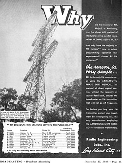 1940 advertisement featuring Edwin Armstrong's experimental station W2XMN in Alpine, New Jersey, USA. The tower still exists.[41]