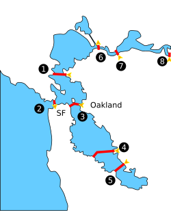 1. Richmond–San Rafael Bridge 2. Golden Gate Bridge 3. San Francisco–Oakland Bay Bridge 4. San Mateo–Hayward Bridge 5. Dumbarton Bridge 6. Carquinez Bridge 7. Benicia–Martinez Bridge 8. Antioch Bridge