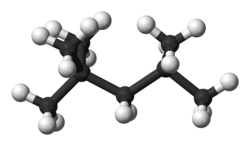 2,2,4-Trimethylpentane, a hydrocarbon with the octane number of 100. Black spheres are carbon and white spheres are hydrogen atoms.