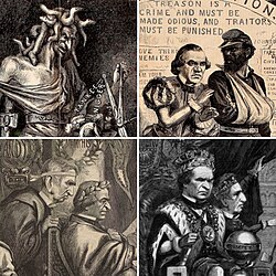 Harper's Weekly cartoonist Thomas Nast regularly skewered Andrew Johnson's reconstruction policies as dangerous and destructive; clockwise from top left: Johnson as a Medusa-headed Lady Justice in Southern Justice, Johnson as Iago to a wounded soldier of the U.S. Colored Troops as Othello, King Andy with "prime minister" Seward, and Johnson as Emperor Nero with Seward in Amphitheatrum Johnsonianum