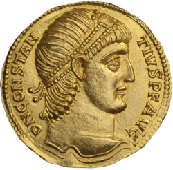 Coin of Constantius II marked: d(ominus) n(oster) constantius p(ius) f(elix) aug(ustus)