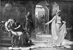 Ophelia is distracted by grief.[123] Feminist critics have explored her descent into madness (artist: Henrietta Rae 1890).
