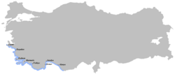 A map depicting the Turkish Riviera in blue, highlighting, from east to west, the major settlements of Alanya, Antalya, Kemer, Fethiye, Marmaris, Bodrum, Kuşadası, and Çeşme