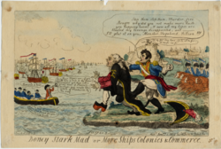 Boney Stark Mad or More Ships Colonies & Commerce. 1808 political cartoon by Isaac Cruikshank on the transfer of the Portuguese court to Brazil.