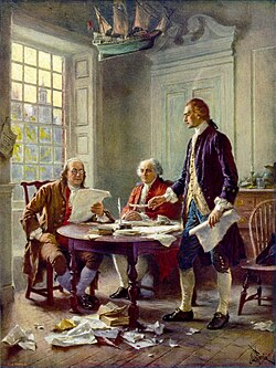 Writing the Declaration of Independence, 1776, a 1900 portrait by Jean Leon Gerome Ferris depicting Franklin, Adams, and Jefferson working on the Declaration[75]