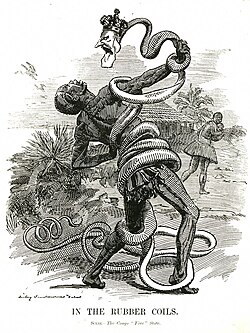 A 1906 Punch cartoon depicting King Leopold II as a snake entangling a Congolese man
