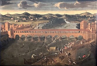 Image of the covered Tanaro bridge in 17th century. Anonimo, oil on canvas