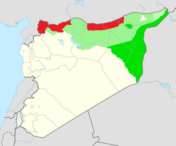 SDF-controlled territory (green) and Turkish-occupied territory (red) in October 2019