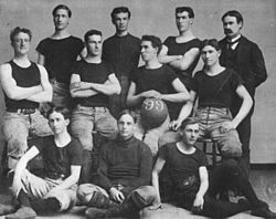 The 1899 University of Kansas basketball team, with James Naismith at the back, right