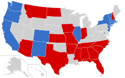 Pro-sanctuary states are in blue, states which have banned sanctuary cities are in red, and states in gray have no official policy.