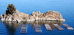 An artificial fish enclosure at a fish farming site near Copacabana, Bolivia