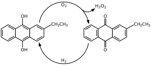 Catalytic cycle for the anthraquinone process to produce hydrogen peroxide: an anthraquinone (right) is reduced using hydrogen to produce the corresponding anthrahydroquinone (left). This is oxidized using oxygen to produce hydrogen peroxide and recover anthraquinone.