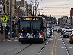 MetroBus in the Delmar Loop neighborhood bound for Civic Center station