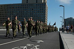 Members of the Cameron Highlanders of Ottawa, an infantry regiment of the Primary Reserve, march through Ottawa, Ontario