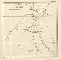 Map with red circle and green circle boundaries according to the Anglo-Ottoman Convention of 1913