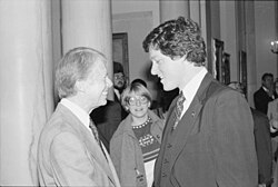 Bill Clinton, newly elected Governor of Arkansas, speaking with Jimmy Carter in 1978. Carter and Clinton were both Southern Democrats and elected to the presidencies in 1976, 1992 and 1996.