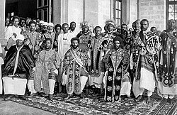 Emperor Haile Selassie I of Ethiopia (center) and members of the imperial court.