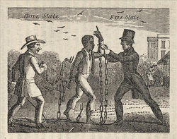 Allegorical liberation of a slave entering a free state, wood-engraving from Narrative of the Life and Adventures of Henry Bibb, An American Slave, 1849[281]