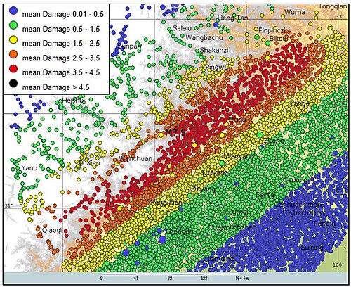 Figure 2: Map of settlements with the estimated mean damage due to the Wenchuan earthquake modeled as a line rupture extending as far as the aftershocks.