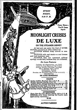 1920 Streckfus Steamers' advertisement for "Moonlight Cruises De Luxe" aboard the Sidney