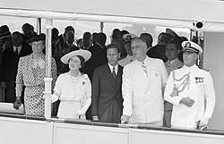 The Roosevelts with King George VI and Queen Elizabeth, sailing from Washington, D.C., to Mount Vernon, Virginia, on the USS Potomac during the first US visit of a reigning British monarch (June 9, 1939)