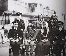 King Faisal of Syria and T. E. Lawrence on HMS Orion during World War I, 1918.