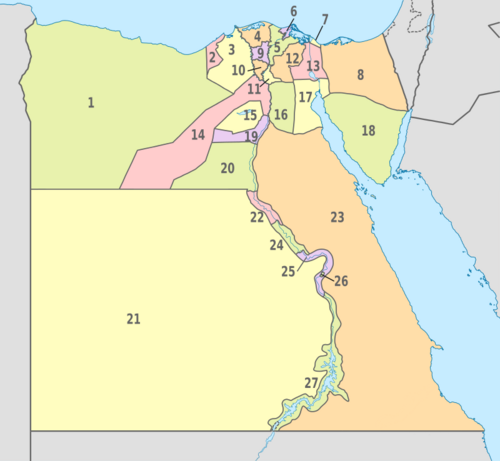 Governorates of Egypt: Matrouh Alexandria Beheira Kafr El Sheikh Dakahlia Damietta Port Said North Sinai Gharbia Monufia Qalyubia Sharqia Ismailia Giza Faiyum Cairo Suez South Sinai Beni Suef Minya New Valley Asyut Red Sea Sohag Qena Luxor Aswan