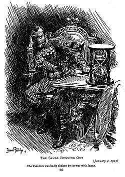 Punch cartoon, 1905; A cartoon in the British press of the times illustrating the Russian Empire's loss of prestige after the nation's defeat. The hour-glass represents Russia's prestige running out.