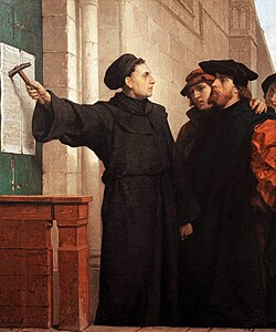 Martin Luther hammers his 95 theses to the door, by Ferdinand Pauwels