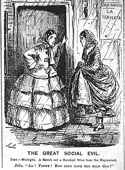 Cartoon from Punch magazine in 1857 illustrating the use of "gay" as a colloquial euphemism for being a prostitute;[11] one woman says to the other (who looks glum), "How long have you been gay?" The poster on the wall is for La Traviata, an opera about a courtesan