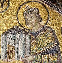 Emperor Constantine I presents a representation of the city of Constantinople as tribute to an enthroned Mary and Christ Child in this church mosaic. Hagia Sophia, c. 1000.