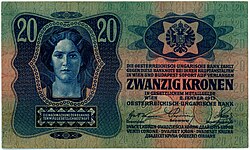 A 20-crown banknote of the Dual Monarchy, using all official and recognized languages (the reverse side was Hungarian)