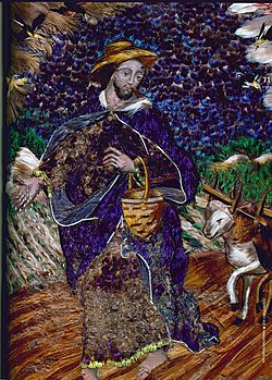 Mexican featherwork painting of Isidore the Laborer made from duck, hummingbird, and canary feathers. This style of painting, popular during the Novohispanic era, integrates featherwork of pre-Hispanic origin with Christian iconography. 18th century, Museo Soumaya