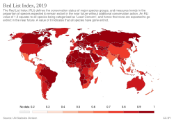 Red List Index (2019): The Red List Index (RLI) defines the conservation status of major species groups, and measures trends in the proportion of species expected to remain extant in the near future without additional conservation action. An RLI value of 1.0 equates to all species being categorised as 'Least Concern', and hence that none are expected to go extinct in the near future. A value of 0 indicates that all species have gone extinct.[231]