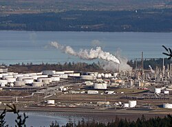Storage tanks and towers at Shell Puget Sound Refinery, Anacortes, Washington.