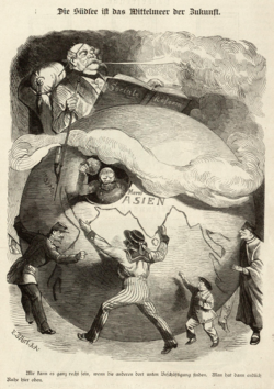 Kladderadatsch caricature, 1884. Bismarck sits atop the globe, smoking a long pipe and reading a book entitled "Social Reforms", while personifications of Britain, France, Russia, and other nations quarrel below. The title reads "The South Seas are the Mediterranean of the Future" and the caption says "I'm fine with the others keeping themselves busy down there. Then there will finally be peace up here."