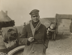 Brigadier General Douglas MacArthur, commanding the 84th Brigade, 42nd Division, standing in front of his staff car, Saint-Juvin, Ardennes, France, 3 November 1918