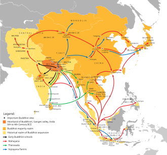 Buddhist expansion in Asia: Mahayana Buddhism first entered the Chinese Empire (Han dynasty) through the Silk Road during the Kushan Era. The overland and maritime Silk Roads were interlinked and complementary, forming what scholars have called the "great circle of Buddhism".[7]