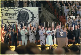 President Jimmy Carter addressing the SBC in Atlanta in 1978 (in 2000, Carter broke with the SBC over its position on the status of women)[193]