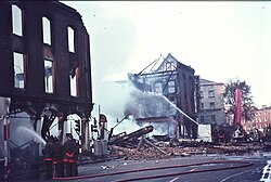 The Dublin Fire Brigade in Dublin, Ireland, extinguishing a severe fire at a hardware store in 1970