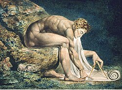 Newton (1795, detail) by William Blake. Newton is depicted critically as a "divine geometer".[239]