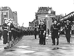 King George VI inspects a Royal Canadian Navy guard of honour during the 1939 royal tour of Canada.