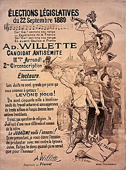 1889 Paris, France elections poster for self-described "candidat antisémite" Adolphe Willette: "The Jews are a different race, hostile to our own... Judaism, there is the enemy!" (See file for complete translation.)