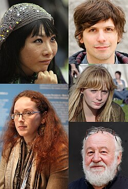 A variety of human hair colors; from top left, clockwise: black, brown, blonde, white, red.