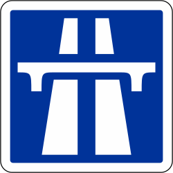 International sign used widely in Europe denoting the start of special restrictions for a section of highway classed as a motorway
